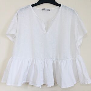 Mango Y2K Boho Oversize White Peplum Ruffle Hem Cropped Short Sleeve Preppy Top